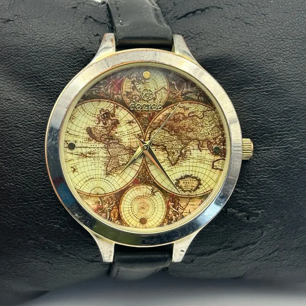 Decree World Map Dial Silver Black Leather Watch Working New Battery